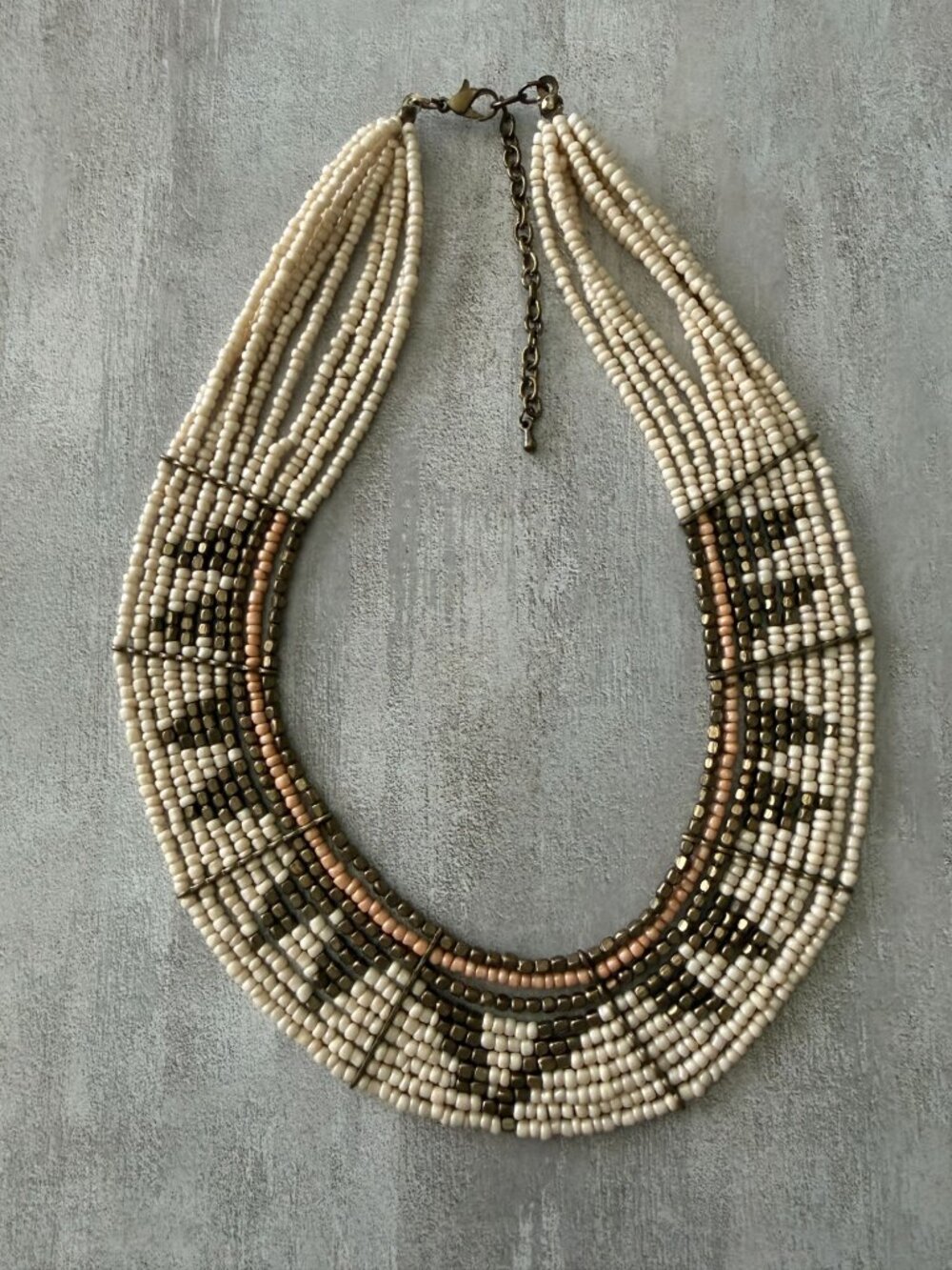 Beaded Multilayer Statement Necklace Cream Bronze Gold Tones Southwestern